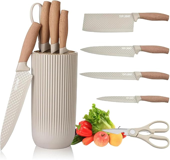 Knife Set, 6 Pieces Professional Kitchen Knife Set with Universal Knife Block, Super Sharp Knife Block Set with Ergonomic Handle Non-stick Stainless Steel Knife Block Set (Khaki)