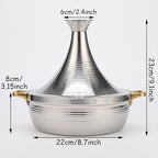 Moroccan Tagine Cooking Pot,Stainless Steel Non Stick Moroccan Casserole with 2 Handles,Large Moroccan Cooker Handmade Tagine Pot with Cone-Shaped Lid(22cm, Silver)