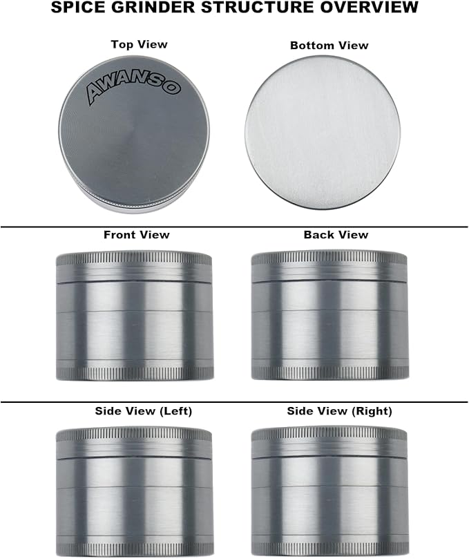 3" Grinder for Kitchen Spices, 3-Piece 4-Part Design, Screen-Free, Durable Zinc Alloy, Silver