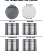 3" Grinder for Kitchen Spices, 3-Piece 4-Part Design, Screen-Free, Durable Zinc Alloy, Silver