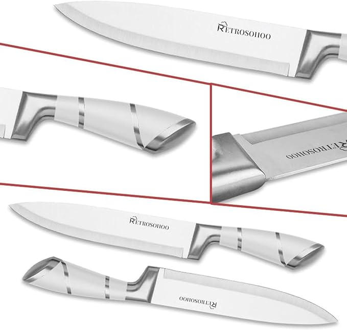 Kitchen Knife Set, Retrosohoo 9-Piece White Sharp Non-Stick Coated Chef Knives Block Set,Stainless Steel Knife Set for Kitchen with Sharpener for Cutting Slicing Dicing Chopping (White)