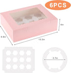 Hoewina 6PCS Cupcake Boxes - Hold 12 Count Cupcake Containers with Window, Food Grade Cupcake Holder Easy Transport and Presentation - Ideal for Cupcakes, Desserts, and More (Pink)