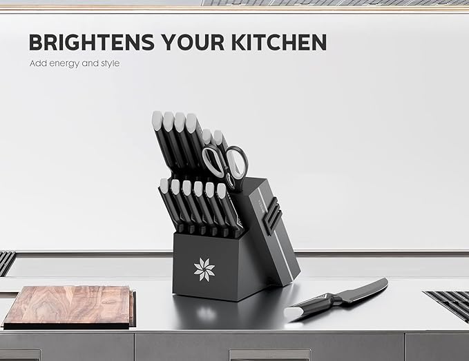 Knife Set - 15 PCS Kitchen Knife Set with Built-in Knife Sharpener Block - Stainless Steel Knife Block Set - Dishwasher Safe, Elegant Box for Men Women, White