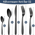 Hunnycook 60-Piece Black Silverware Set - Stainless Steel Silverware Set for 12, Includes Forks Spoons and Knives, Utensil Sets for Home Kitchen Restaurant, Dishwasher Safe