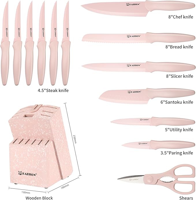 Knife Set, 15 Pieces Knives Sets for Kitchen with Block, Dishwasher Safe Kitchen Knife Set with Built in Sharpener Block, German High Carbon Stainless Steel Knife Block Set with Pink Nonstick Coating