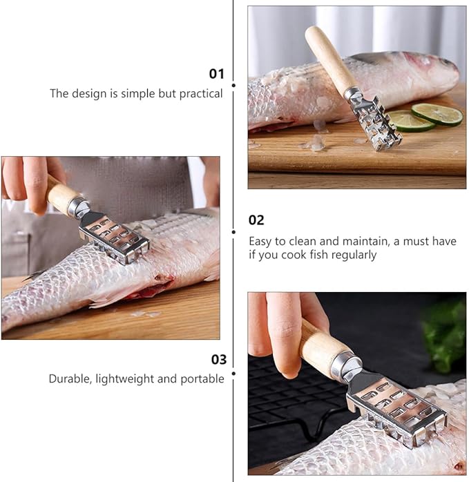 Abaodam 2pcs Fish Scale Scraper Wooden Handle Fish Cleaning Tool Seafood Scale Remover Kitchen Specialty Gadget