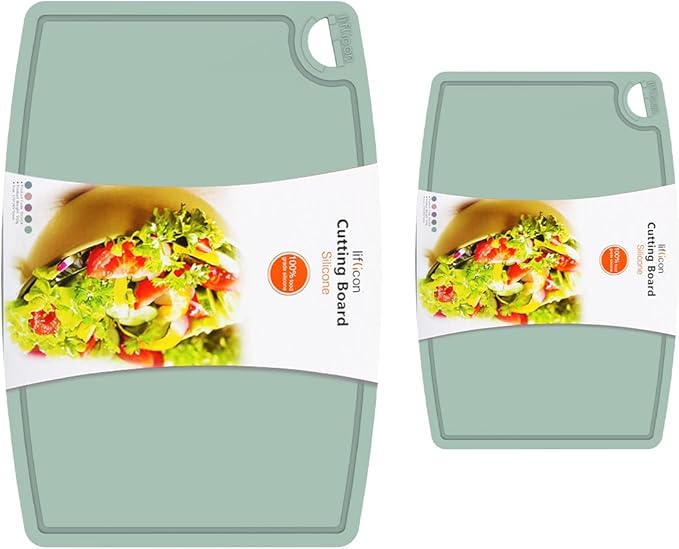 Liflicon Thick Silicone Cutting Boards for Kitchen Silicone Chopping Boards/Mats Set of 2 Extra Large14.6''x10.43'', Mini 9.1”x7.1” Non-slip Deep Drip Juice Groove, Dishwasher Safe-Light Green