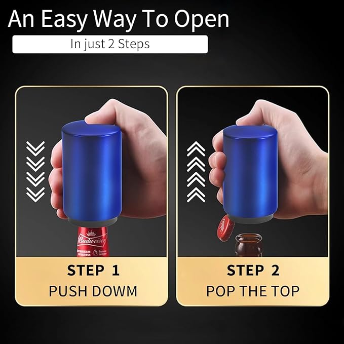 Destapador De Cerveza Automatic Beer Bottle Opener with Magnetic Cap Bottle Opener, Stainless Steel One Handed Lid Opening Spring Loaded Push&Pop Bottle Opener for Kitchen Home Bar Gift（Blue）