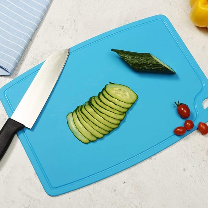 Liflicon Thick Silicone Cutting Board 12.6'' x 9.1'' Foldable & Flexible Design Juice Grooves Easy Grip Handle Dishwasher Safe-Blue