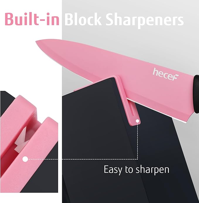 hecef 13 Pieces Kitchen Knife Set with Built-in Sharpening Wooden Block, Dishwasher Safe, High Carbon Stainless Steel Knife Block Set with Steak Knives, Kitchen Scissors, Pink