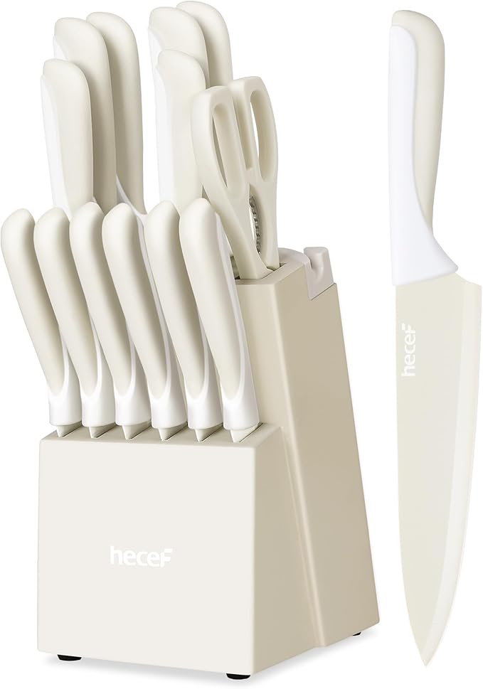 hecef 15 Pieces Kitchen Knife Set with Built-in Sharpening Wooden Block, Dishwasher Safe, High Carbon Stainless Steel Knife Block Set with Steak Knives, Kitchen Scissors, Cream White