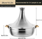 Stainless Steel Moroccan Tagine Pot, Large Moroccan Tajine Casserole with Cone-Shaped Lid, Non Stick Tagine Cooking Pot with 2 Handles(26cm/10.2in, Silver)