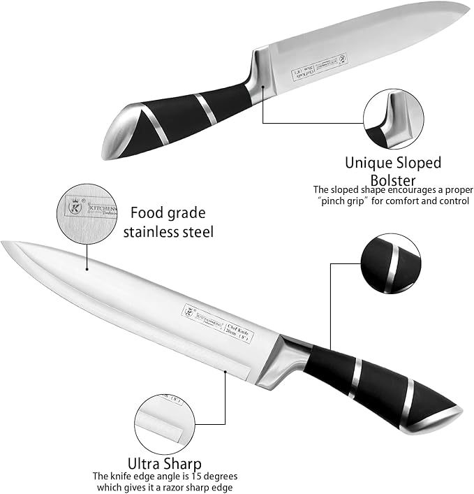Kitchen Knife Set, Retrosohoo 9-Pieces Black Sharp Non-Stick Coated Chef Knives Block Set,Stainless Steel Knife Set for Kitchen with Sharpener for Cutting Slicing Dicing Chopping (Black)