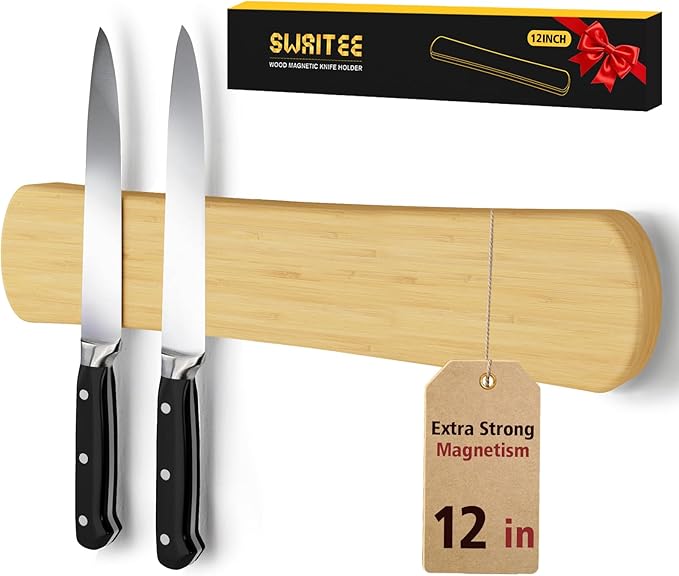 Swaitee Magnetic Knife Holder for Wall, 12 Inch Bamboo Strong Magnetic Knife Strip, Small Kitchen Storage Space Savers, Rv Apartment Farmhouse Accessories Organizer, Housewarming Gifts for New Home