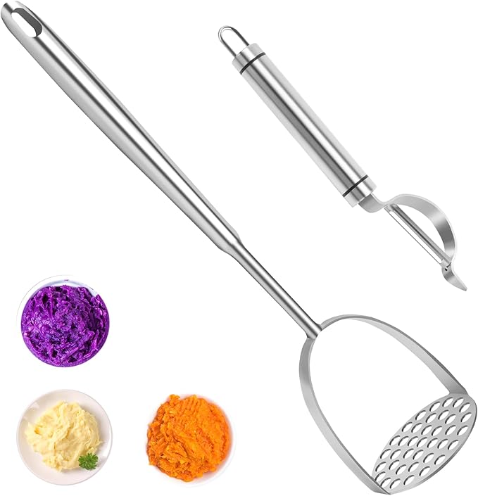 2Pcs Long Handle Large Potato Smasher with Peeler,Mashed Potato Masher,Stainless Steel Masher Kitchen Tool for Bean,Vegetable,Food,Fruit,Salad