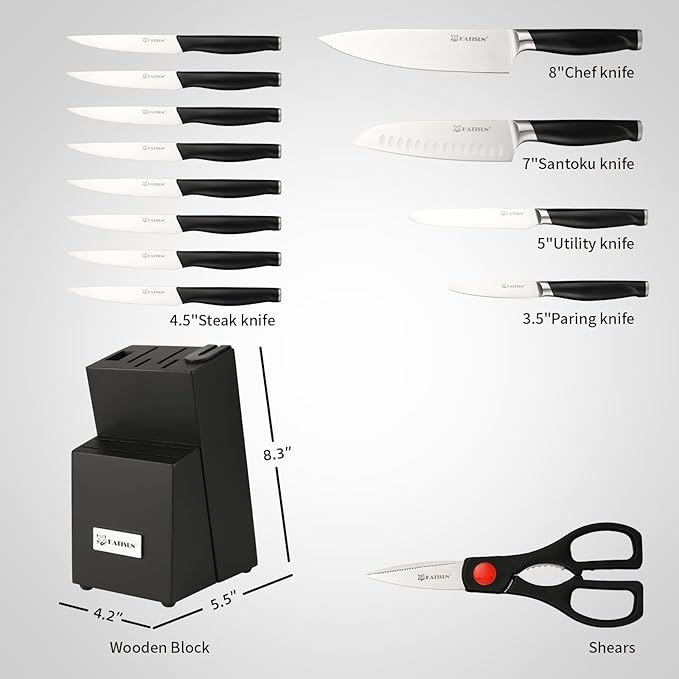 15-Piece Kitchen Knife Set with Block, ABS Ergonomic Handle for Chef Knife Set and Serrated Steak Knives Knife Sharpener and Kitchen Shears, Dishwasher Safe, Black Block