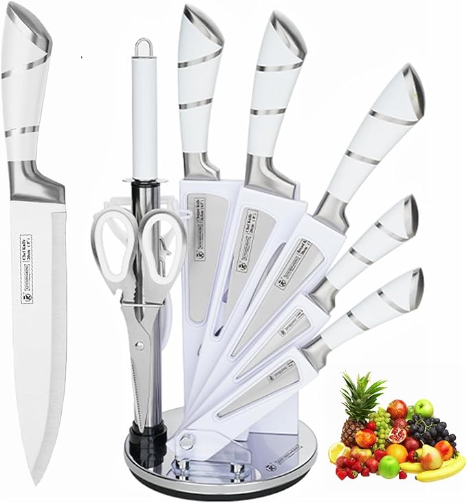 Kitchen Knife Set, 9-Piece White Kitchen Knife Set with Acrylic Block, Non Stick Sharp High Carbon Stainless Steel Knife Set for Kitchen Cutting Meat Slicing Chopping Kitchen Women Gifts