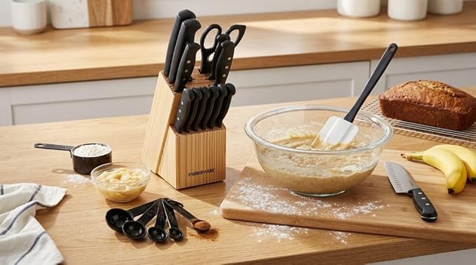 Farberware 22-Piece Never Needs Sharpening Triple Rivet High-Carbon Stainless Steel Knife Block and Kitchen Tool Set, Black, Durable AND Precision Cutlery
