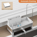 Sponge Holder for Kitchen Sink, Rustproof Stainless Steel Sink Caddy with Auto-Drain, Removable Brush Holders, Soap and Dishcloth Organizer, White