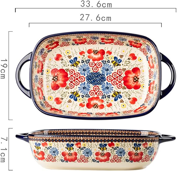Vintage Flowers Style Ceramic Bakeware Casserole Dish Baking Pan Lasagna Pans Baking Dish with Handles for Oven/Cooking/Kitchen-1 PCS-Red Flowers-60 OZ
