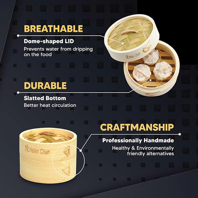 Helen's Asian Kitchen Bamboo Dim Sum Food Steamer With Lid, 4 Inch, 1 Tier Basket For Dumplings, Bao, And Small Bites