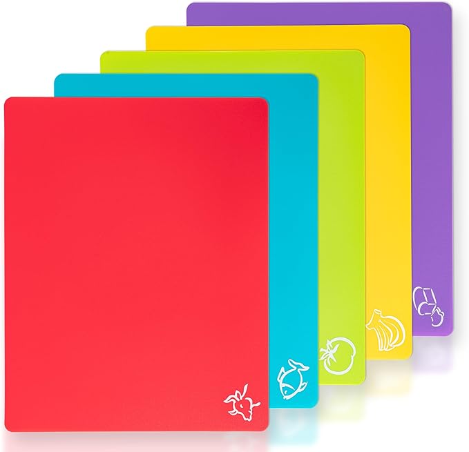 5 Pieces Flexible Plastic Cutting Board Mats with Food Icons, BPA Free Cutting Boards for Kitchen, Non Slip Cutting Mat for Meat and Vegetables (Red, Bright Yellow, Light Green, Purple, Lake Blue)