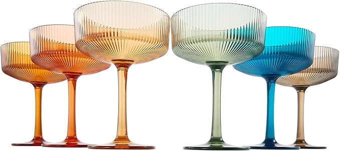 Khen Shatterproof Acrylic Ribbed Vintage Art Deco Martini, Champagne & Cocktail Muted Color Plastic Coupe Glasses | Set of 6 | 8 oz Ripple Glassware Classic Cocktail Indoor & Outdoor, European Style