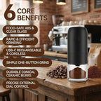 Caldwell Portable Electric Coffee Grinder – USB Rechargeable Ceramic Burr Mill for Espresso to French Press – Automatic Coffee Bean Grinder for Travel, Camping & Home – Black