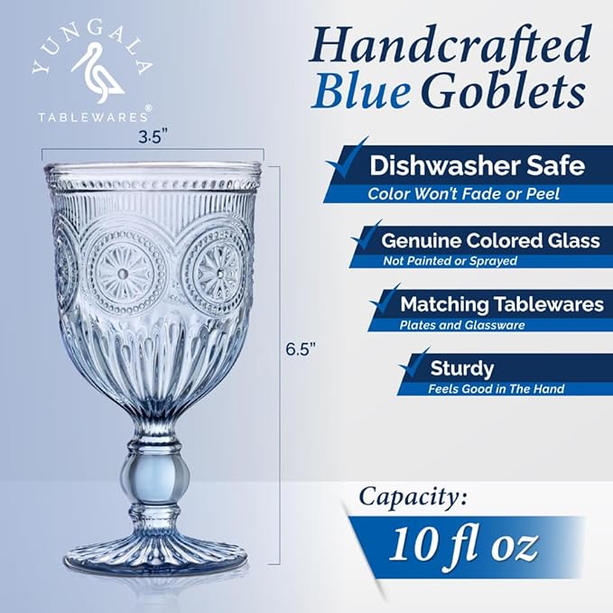 Yungala Blue-Wine-Glasses-Sunflower-Set-6 Blue Wine Glasses Set of 6 Vintage Hobnail Goblets 10 oz Dishwasher Safe
