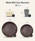 Quatish 24 Piece Plates and Bowls Sets for 6, Unbreakable Dinnerware Sets, Dish Set for Camping, Dishwasher Microwave Safe, Outdoor Kitchen and Apartment Dinning RV Essentials, Brown