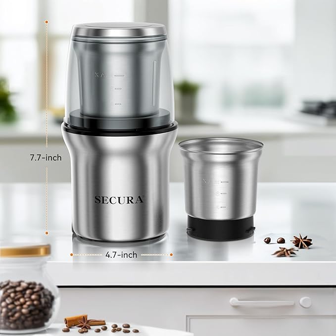 Secura Electric Coffee Grinder and Spice Grinder with 1 Stainless Steel Blades Removable Bowl