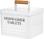 Calindiana Modern Farmhouse Metal Dishwasher Pods Container Holder with Lid for Kitchen Organization and Storage, Kitchen Essentials Decor Accessories, White