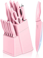 E-far Knife Set with Block, 15 Pieces Kitchen Knife Block Set with Sharpener, High Carbon Stainless Steel Sharp Chef Knife Set with Ergonomic Handles, Anti Rust, Pink