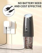 CIRCLE JOY Rechargeable Salt and Pepper Grinder Set Gravity Electric Salt and Pepper Grinder Set, LED Light, Adjustable Coarseness, for Home Kitchen BBQ, Black & White