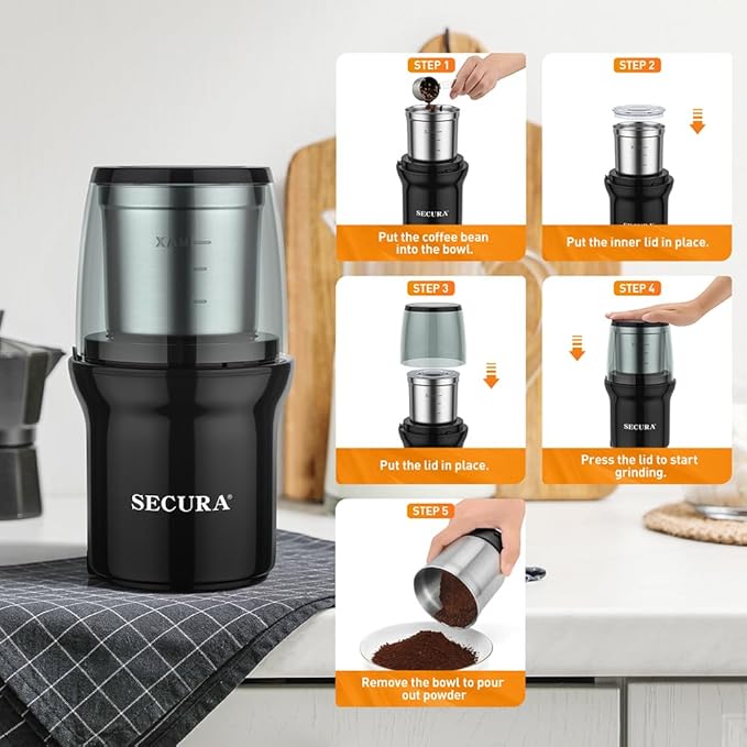 Secura Electric Coffee Grinder, Press Control Spice Grinder for Coffee Bean Seeds Herbs with 2 Stainless Steel Blades Removable Bowls, Black
