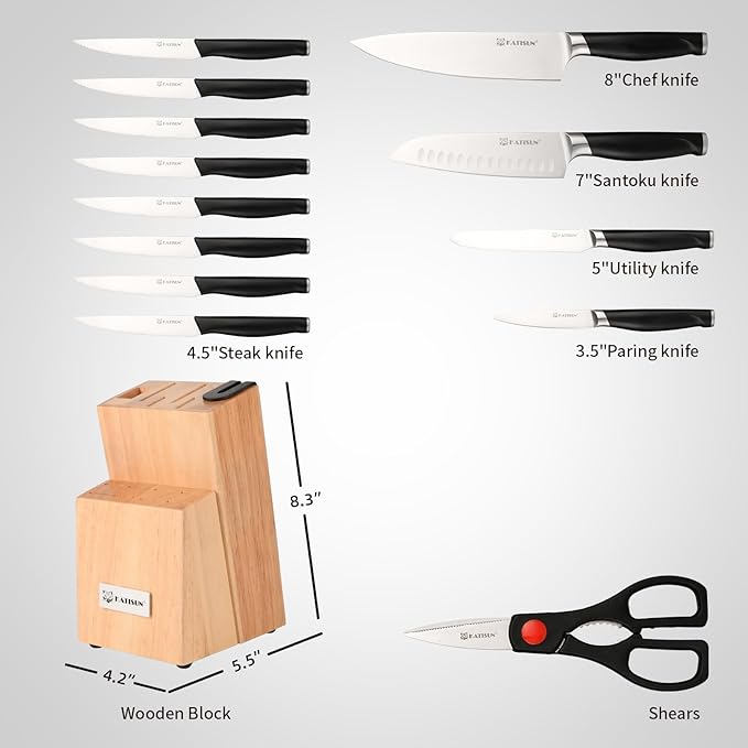 15-Piece Kitchen Knife Set with Block, ABS Ergonomic Handle for Chef Knife Set and Serrated Steak Knives Knife Sharpener and Kitchen Shears, Dishwasher Safe, Natural Block