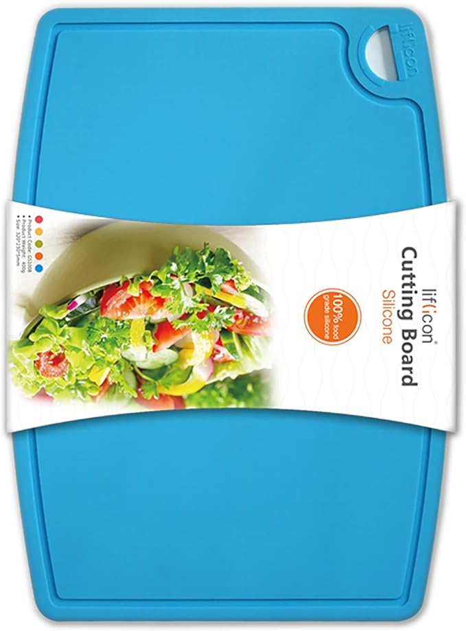 Liflicon Thick Silicone Cutting Board 12.6'' x 9.1'' Foldable & Flexible Design Juice Grooves Easy Grip Handle Dishwasher Safe-Blue