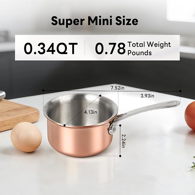 Macevia Mini Sauce Pan with Lid,Copper Butter Warmer Small Pot, Multipurpose Use for Home Kitchen or Restaurant (10.8oz/320ml)