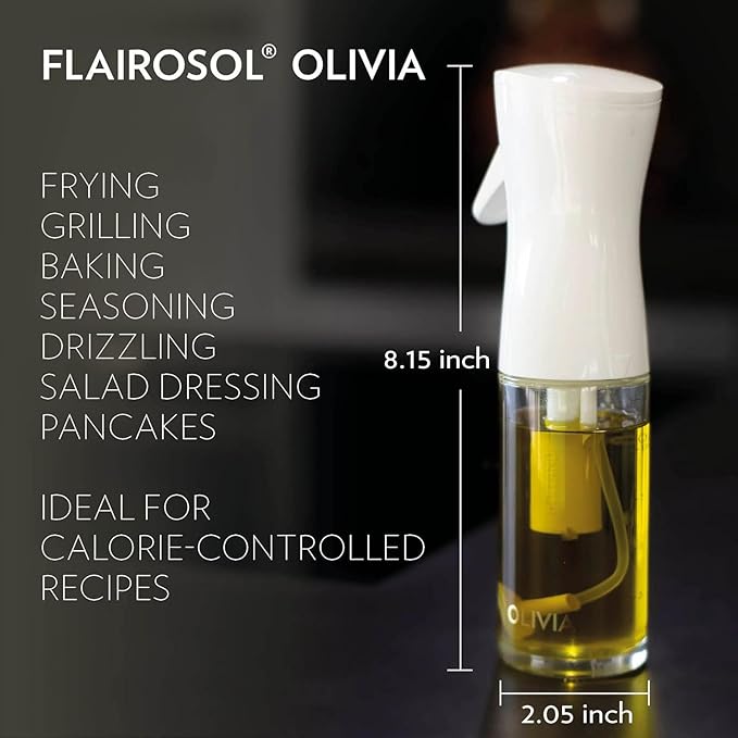 FLAIROSOL OLIVIA SIGNATURE Advanced Kitchen Oil Sprayer Technology, Fine Mist & Portion Control, Refillable Glass Olive Oil Cooking Spray Bottle for Air Fryer, Salad, BBQ, 130ml (White Print)