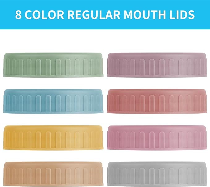 Vaincre 8PCS Mason Jar Lids - Colored Plastic Mason Lids Regular Mouth, Leak Proof Canning Covers with Silicone Rings for Ball, Kerr and More, Reusable Can Tops Caps Covers for Jars