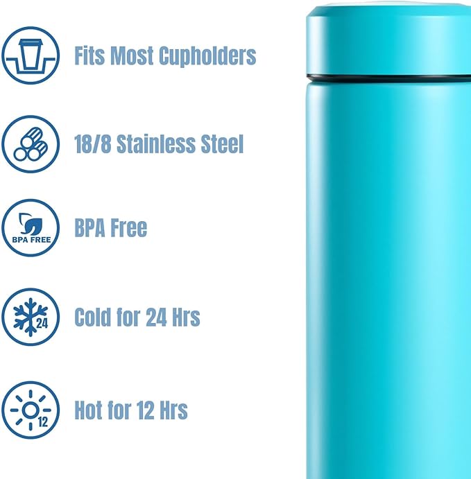 PARACITY Insulated Water Bottle, 15 oz Stainless Steel Water Bottles for Double Wall Vacuum Hot Drinks, Metal Water Bottle Keeps Hot for 12 Hrs, Cold for 24 Hrs, for Coffee, Tea (light blue)