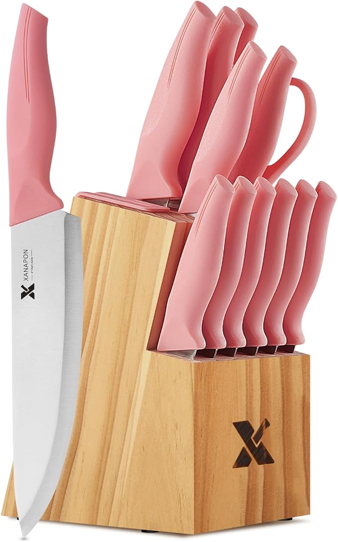 XANAPON 14-Piece Kitchen Knife Set with Block, High Carbon Stainless Steel Sharp Chef Knives with Built-in Sharpener, Ergonomic Handles, Professional Cutlery for Home Cooking & Gifts, Pink
