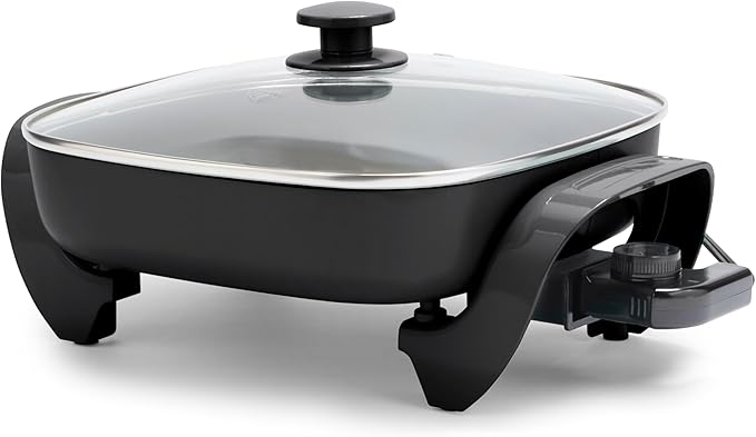 GreenLife 12" 5QT Square Electric Skillet, Glass Vented Lid, Ceramic PFAS-Free Nonstick Coated Interior, Adjustable Temperature Control, Cool Touch Handles, Quick Even Heating, Scratch Resistant,Black