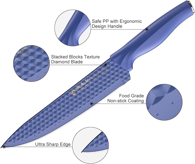 Kitchen Knife Set with Block, 6-Piece Non-stick Stainless Steel Sharp Knives Set for Precision Cutting with Universal Knife Block for Kitchen, Ergonomic Design & Dishwasher Safe, Purple