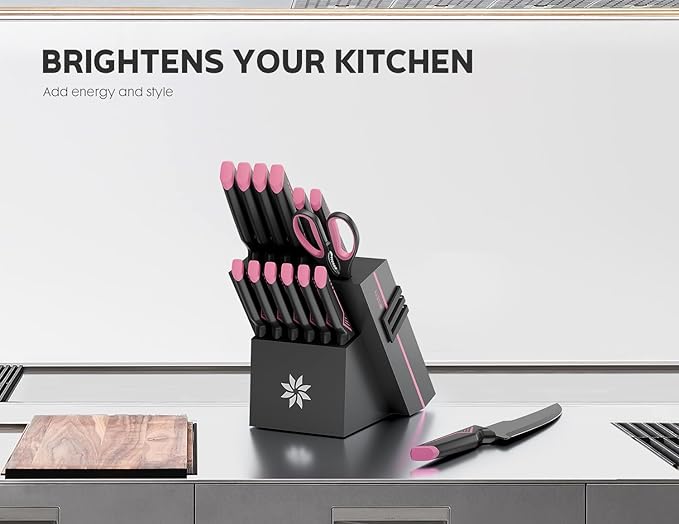 Knife Set - 15 PCS Kitchen Knife Set with Built-in Knife Sharpener Block - Stainless Steel Knife Block Set - Dishwasher Safe, Elegant Box for Her Women Wife, Valentines Day, Pink