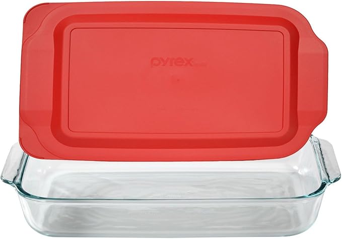 Pyrex (1) 233 3-Qt Rectangular Glass Baking Dish & (1) 233-PC Red Food Storage Lid – Clear Glass Bakeware – Perfect for Leftovers, Food Preparation and So much More - Made in the USA