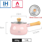 1.2L beige small milk pot with lid cute wooden handle household non-stick pan hot milk baby baby food supplement pot noodle soup pot(size: 5.1 inches long x 3.5 inches high)