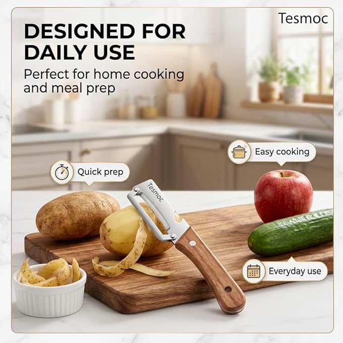 Multifunctional Fruit and Vegetable Peeler,Premium Stainless Steel Blade,Wooden Handle Hand Tool with Bottle Opener,Julienne Peeler for Potato,Cucumber,Orange,Pineapple,Veggie (4)