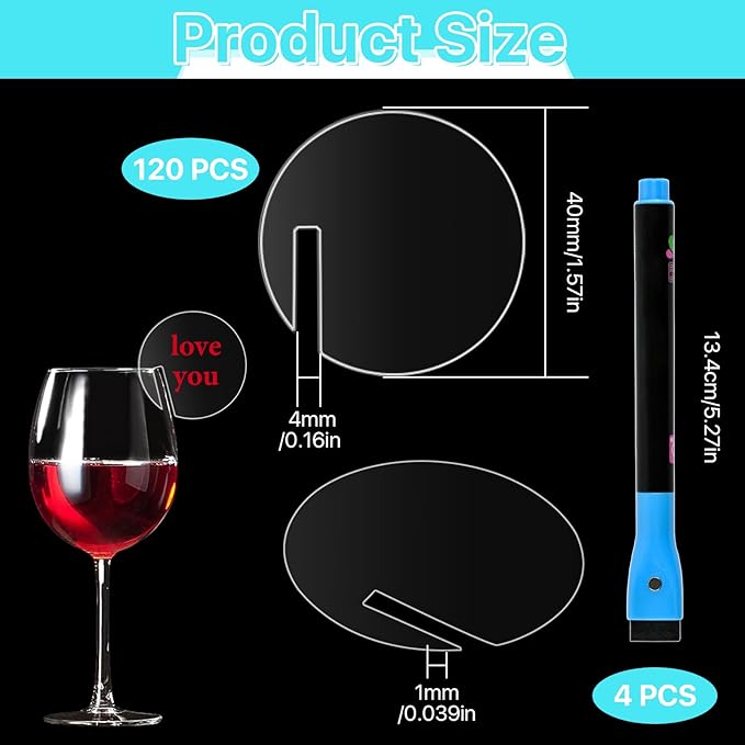 120 Pcs Acrylic Disc Drink Tags, Circle Cocktail Drinking Tags Blank, DIY Wine Drink Names with 4 Highlighters for Bar, Party, Wedding, Birthday (1.5'', Round)