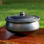 Swadeshi Blessings HandMade Exclusive Range Unglazed Clay Handi/Earthen Kadai/Clay Pot For Cooking & Serving with Lid, 2.8Liters (With Natural White Firing Shade & Mirror Shine) (Black)